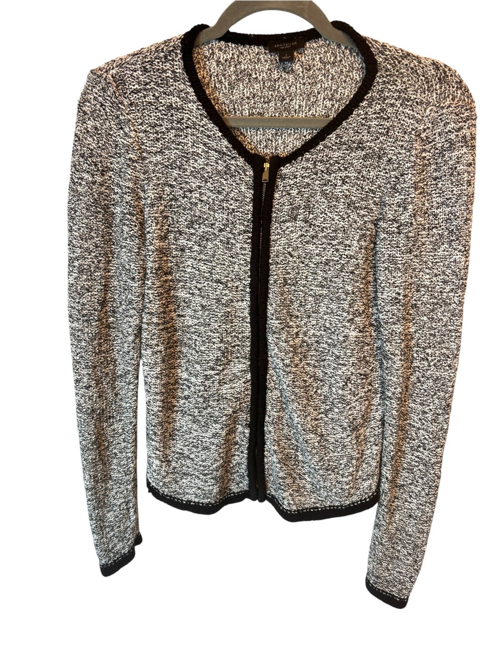 Ann Taylor Factory Black Gray Marled Knit Zip Cardigan 95% cotton Size Small